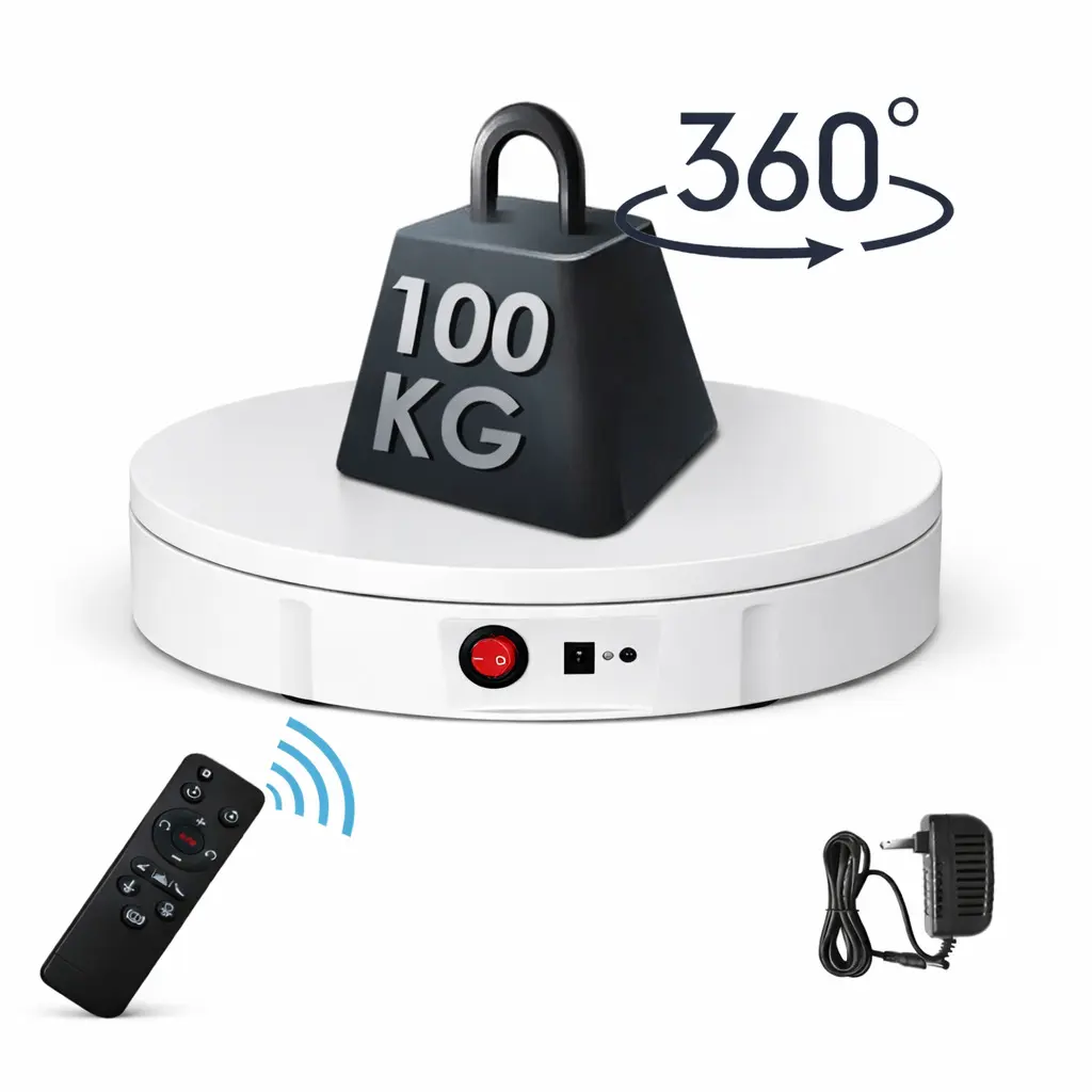 TURNTABLE ROTATING SANS FIL RECHARGEABLE AOMDOM EXPOSITION PRODUIT VIDEO PHOTOGRAPHY 360 30CM 100KG AVEC TELECOMMANDE ADJUSTABLE WHITE
